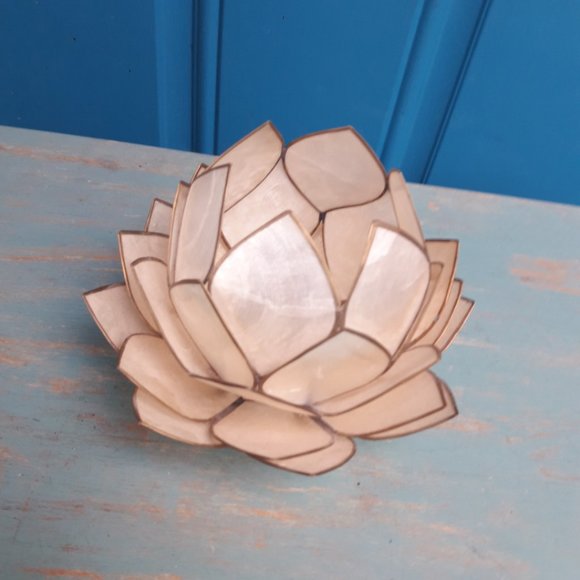 Lotus Flower Candle Holder Tea Light Mother Of Pear Shell Natural Metal - Picture 7 of 10